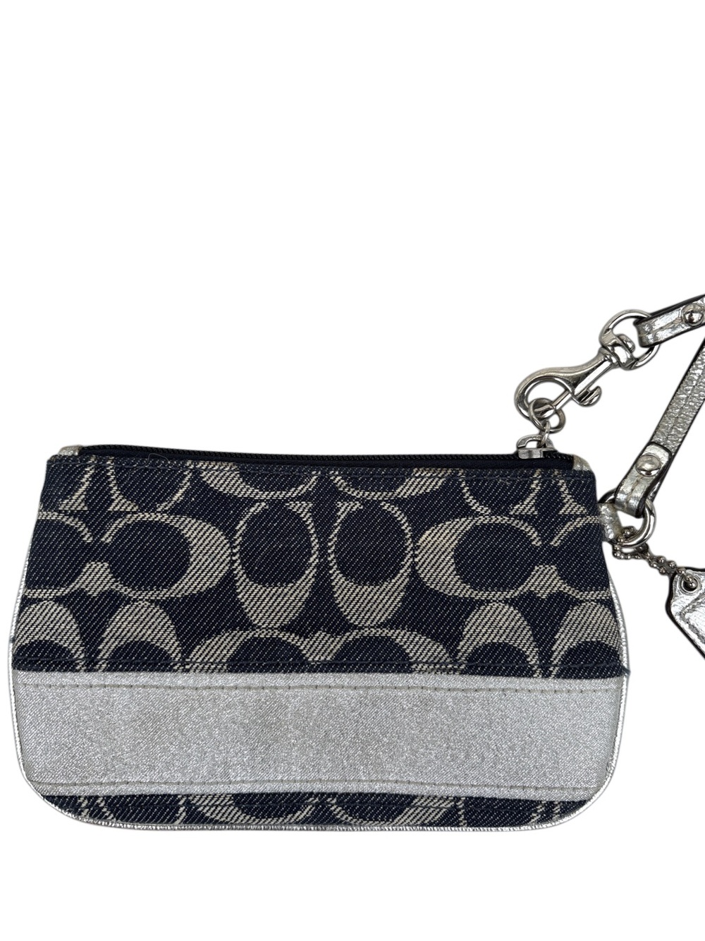 Coach Signature Stripe Denim Silver Wristlet - Picture 2 of 5